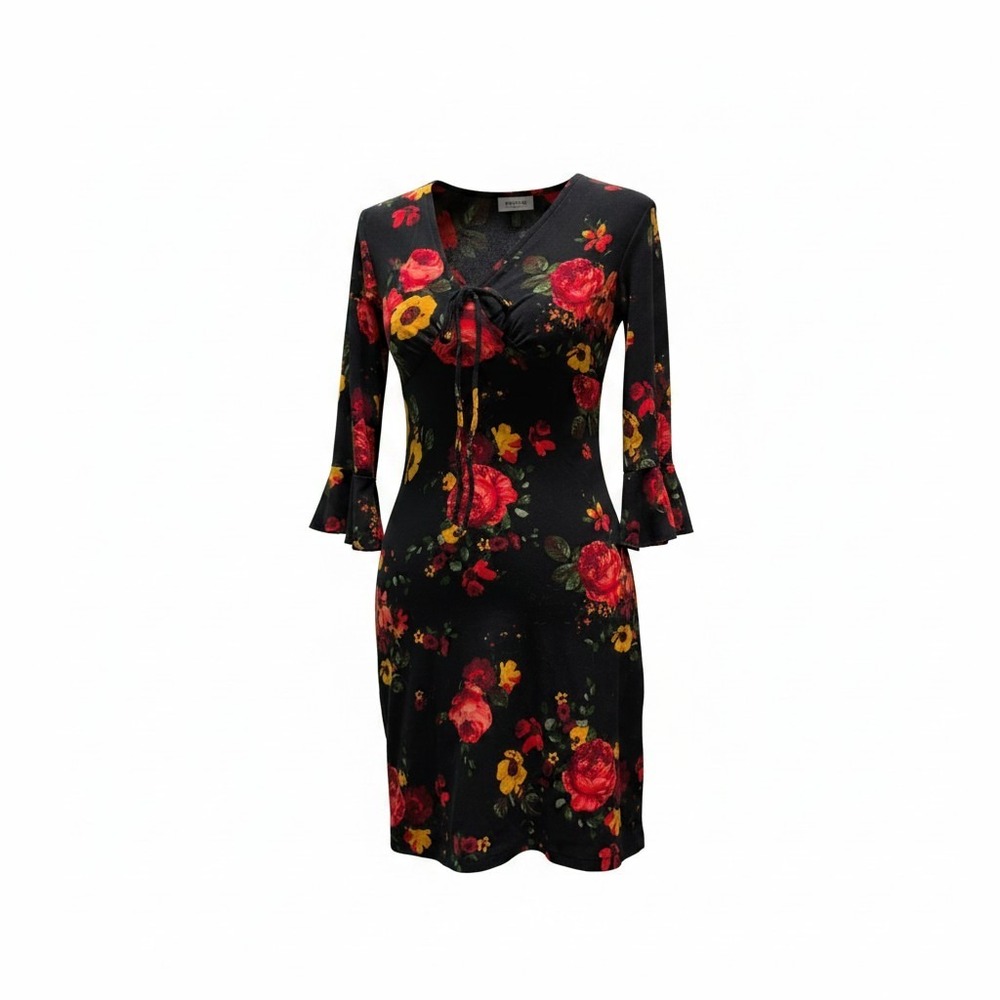 Dress No Boundaries XS Women Black Excellent Floral Tie Front Bell Sleeve Mini